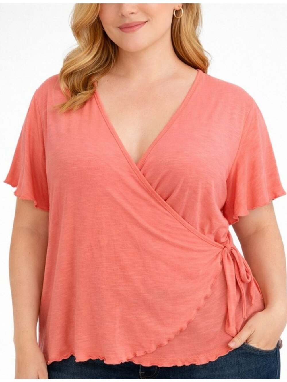 Lane Bryant Wrap Top Womens 26/28 Coral Pink Slub Jersey Flutter Sleeve Self Tie
